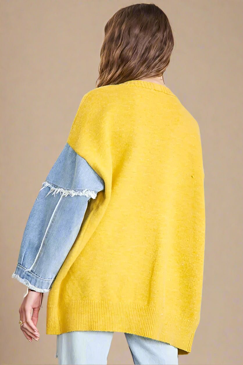 ADORA - Golden Mustard Knit Cardigan with Denim Patch Sleeves