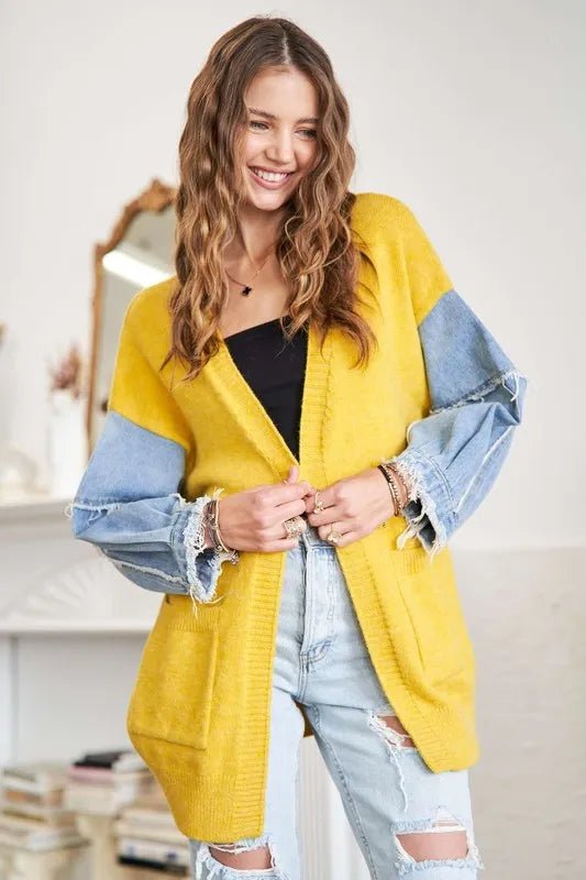 ADORA - Golden Mustard Knit Cardigan with Denim Patch Sleeves