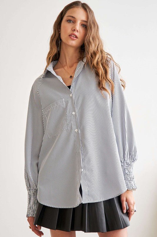 ADORA - Gray Striped High - Low Hem Smocked Cuff Shirt