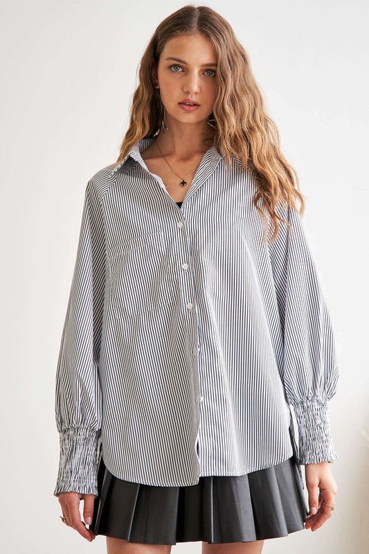 ADORA - Gray Striped High - Low Hem Smocked Cuff Shirt