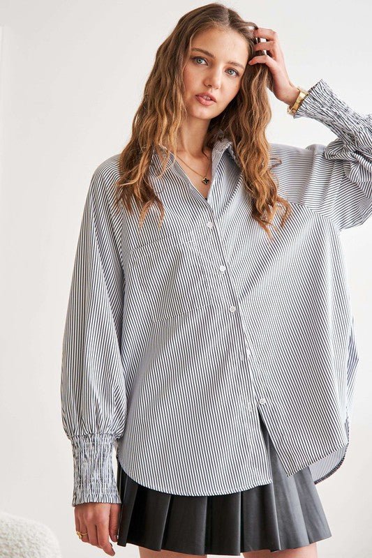 ADORA - Gray Striped High - Low Hem Smocked Cuff Shirt