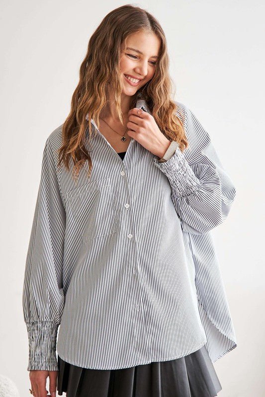 ADORA - Gray Striped High - Low Hem Smocked Cuff Shirt