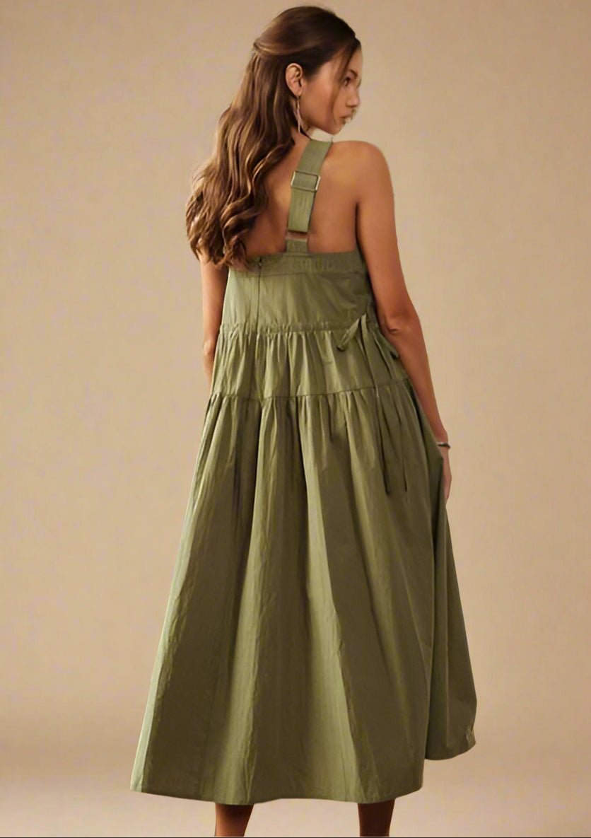 ADORA - Grecian Neckline Drawstring Detail Midi Dress in Moss