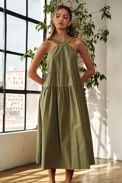 ADORA - Grecian Neckline Drawstring Detail Midi Dress in Moss