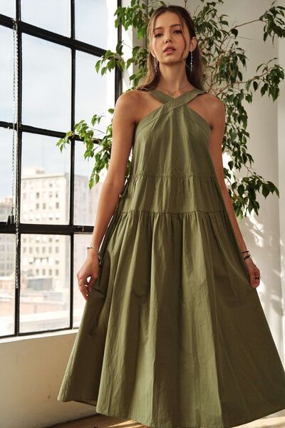 ADORA - Grecian Neckline Drawstring Detail Midi Dress in Moss