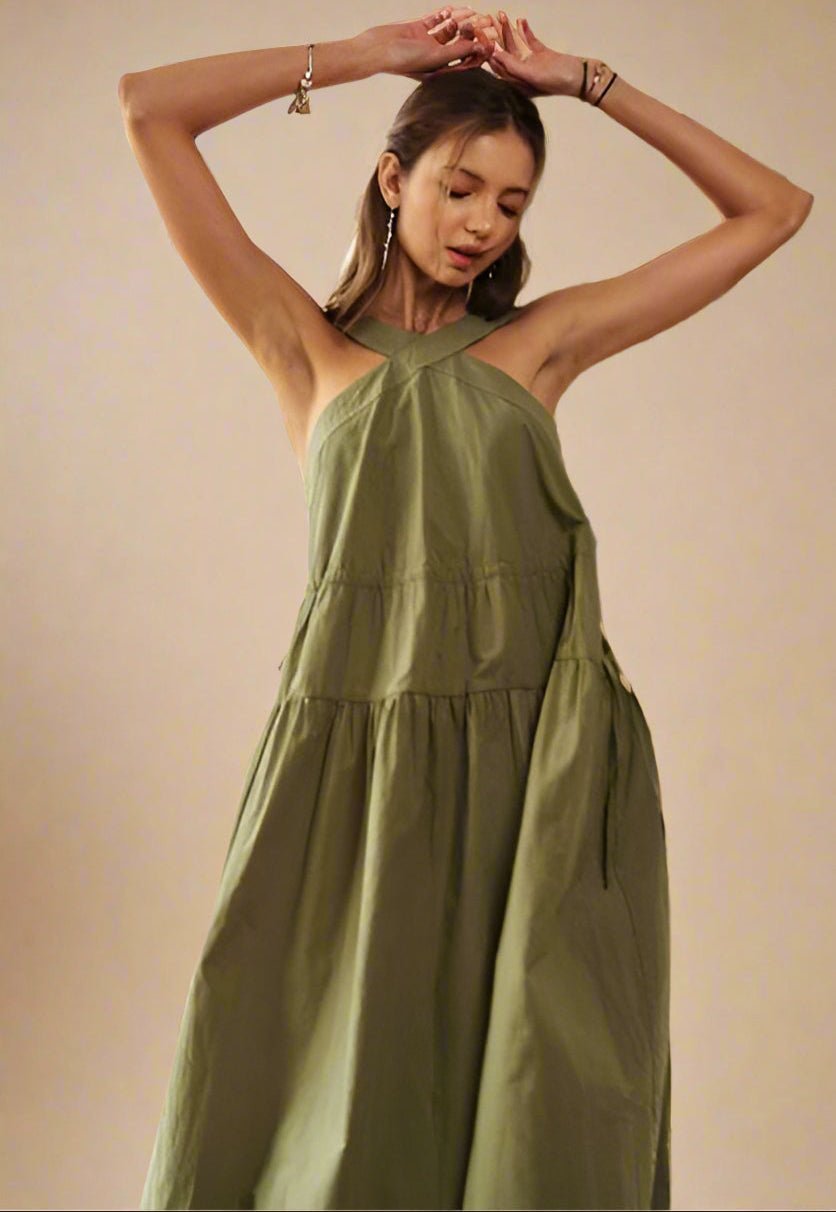 ADORA - Grecian Neckline Drawstring Detail Midi Dress in Moss