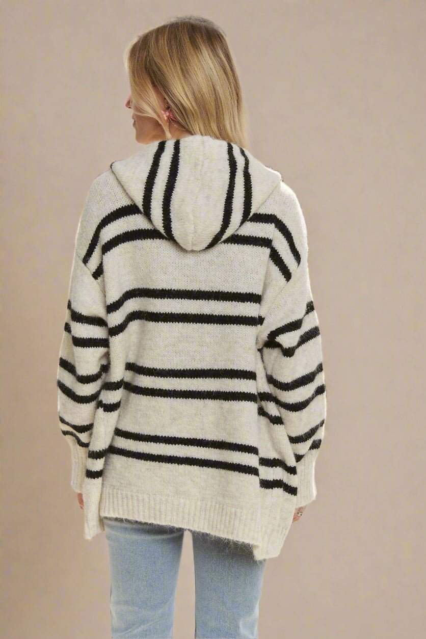 ADORA - Hooded Striped Button Cardigan – Ivory & Black