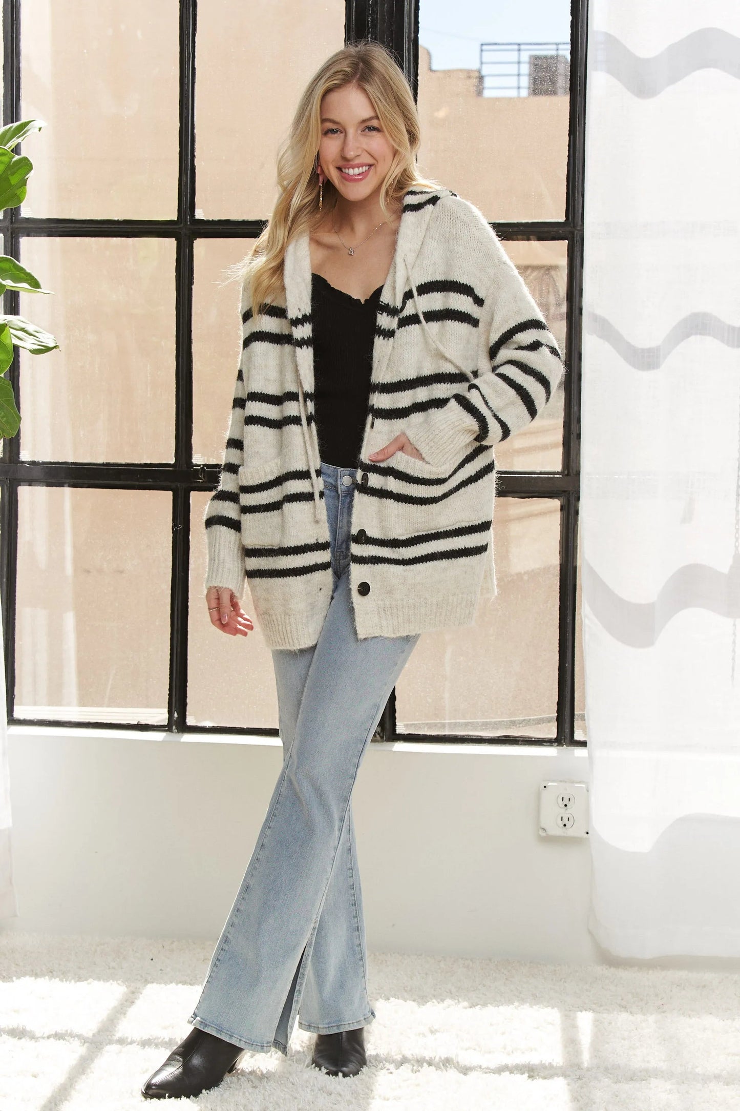 ADORA - Hooded Striped Button Cardigan – Ivory & Black