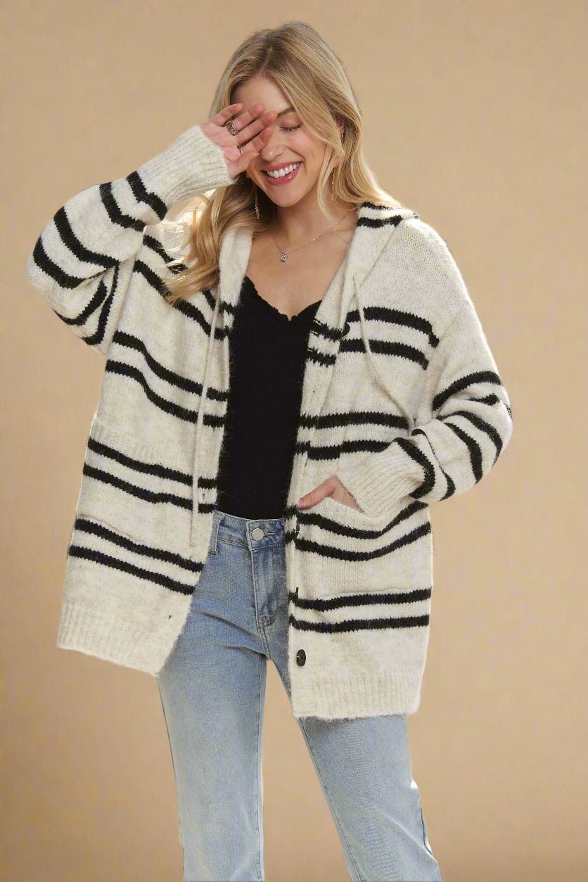 ADORA - Hooded Striped Button Cardigan – Ivory & Black