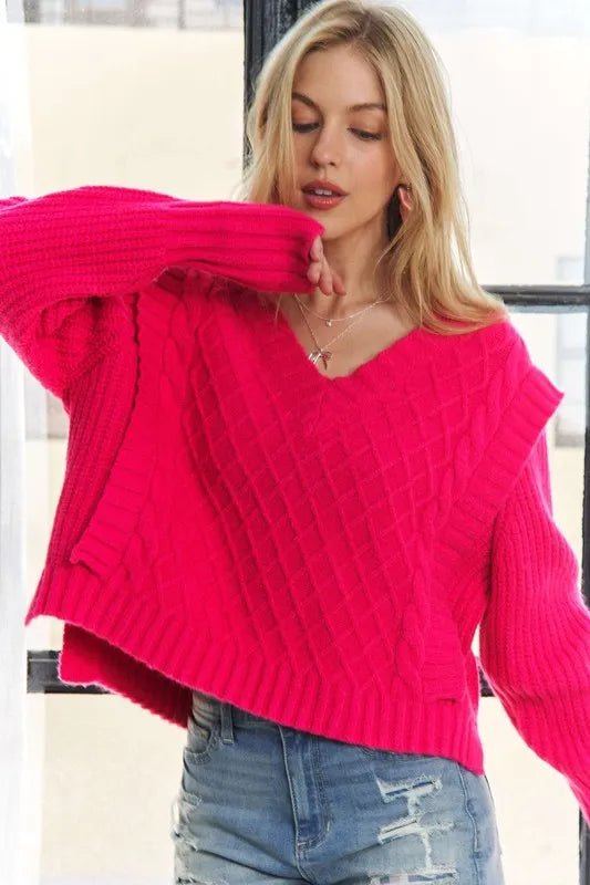ADORA - Hot Pink Cable Knit V - Neck Sweater
