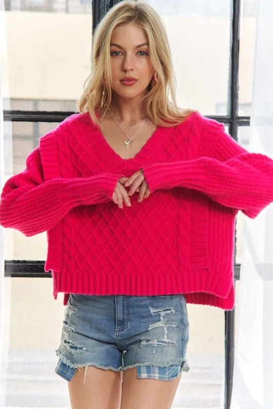 ADORA - Hot Pink Cable Knit V - Neck Sweater