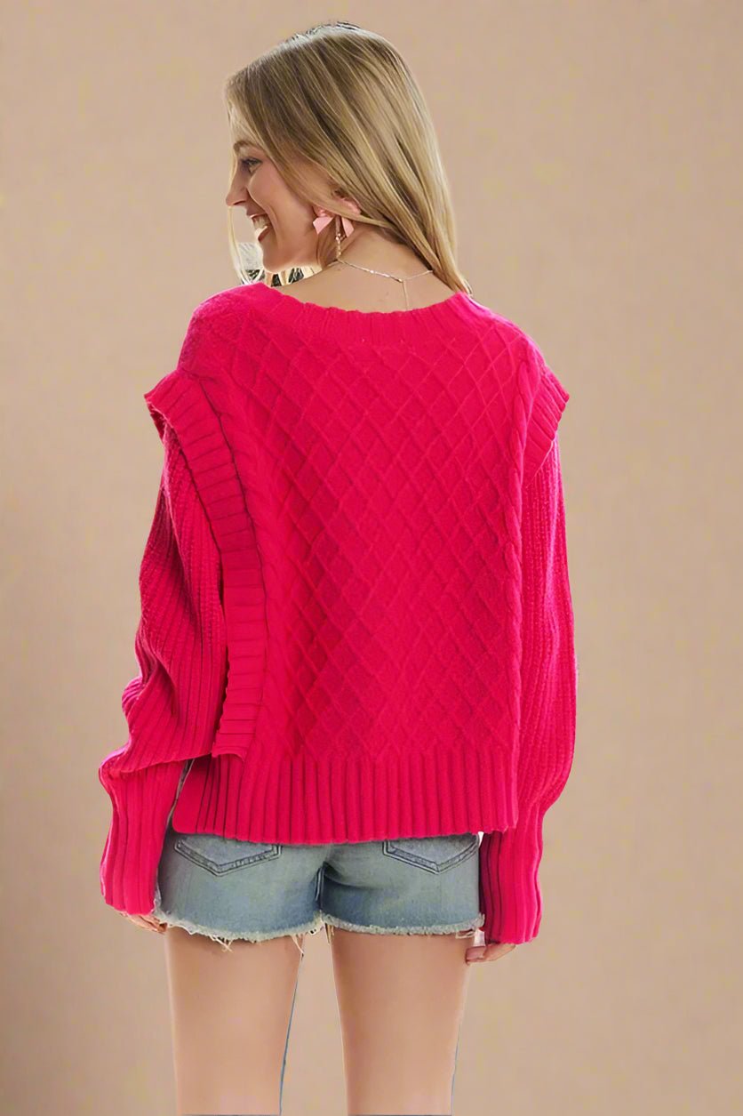 ADORA - Hot Pink Cable Knit V - Neck Sweater