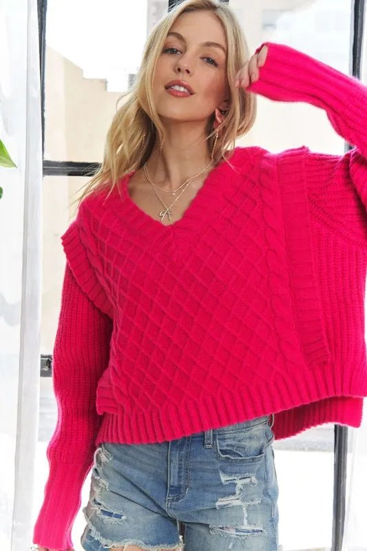 ADORA - Hot Pink Cable Knit V - Neck Sweater