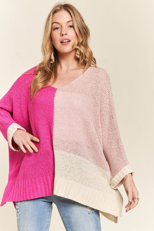 ADORA - Hot Pink Color Block Tunic Sweater