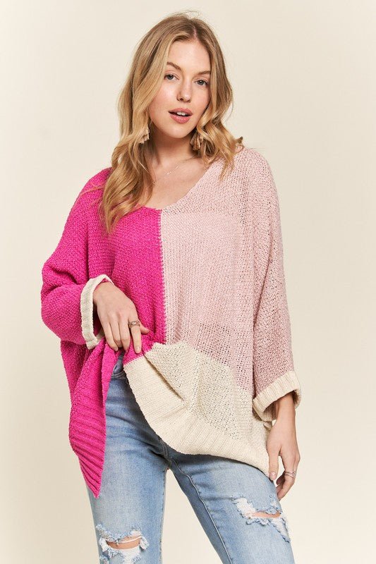 ADORA - Hot Pink Color Block Tunic Sweater