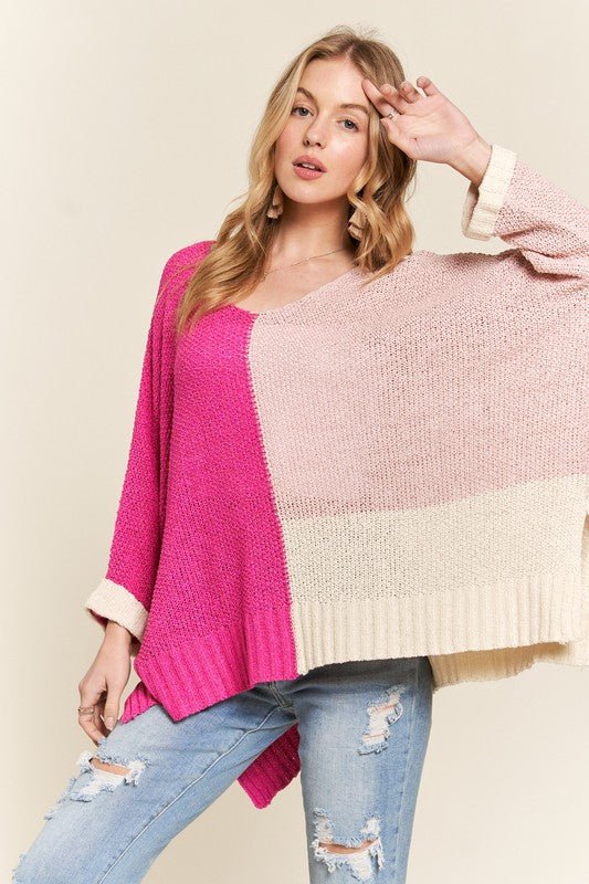 ADORA - Hot Pink Color Block Tunic Sweater