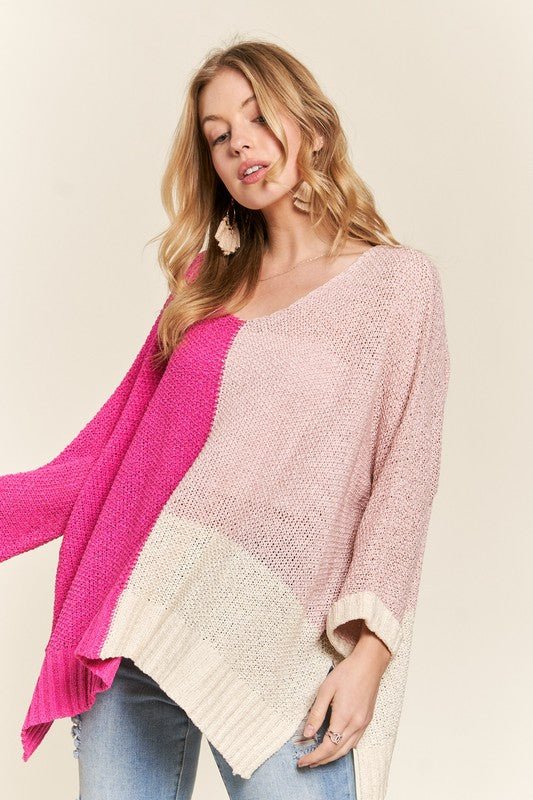 ADORA - Hot Pink Color Block Tunic Sweater