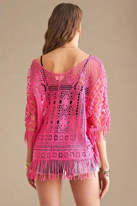 ADORA - Hot Pink Crochet Fringe Poncho Top