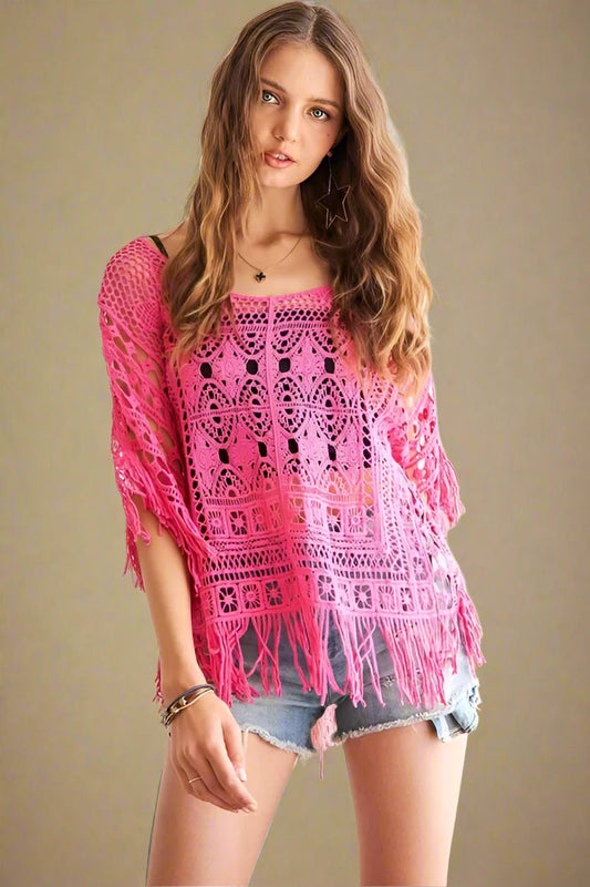 ADORA - Hot Pink Crochet Fringe Poncho Top