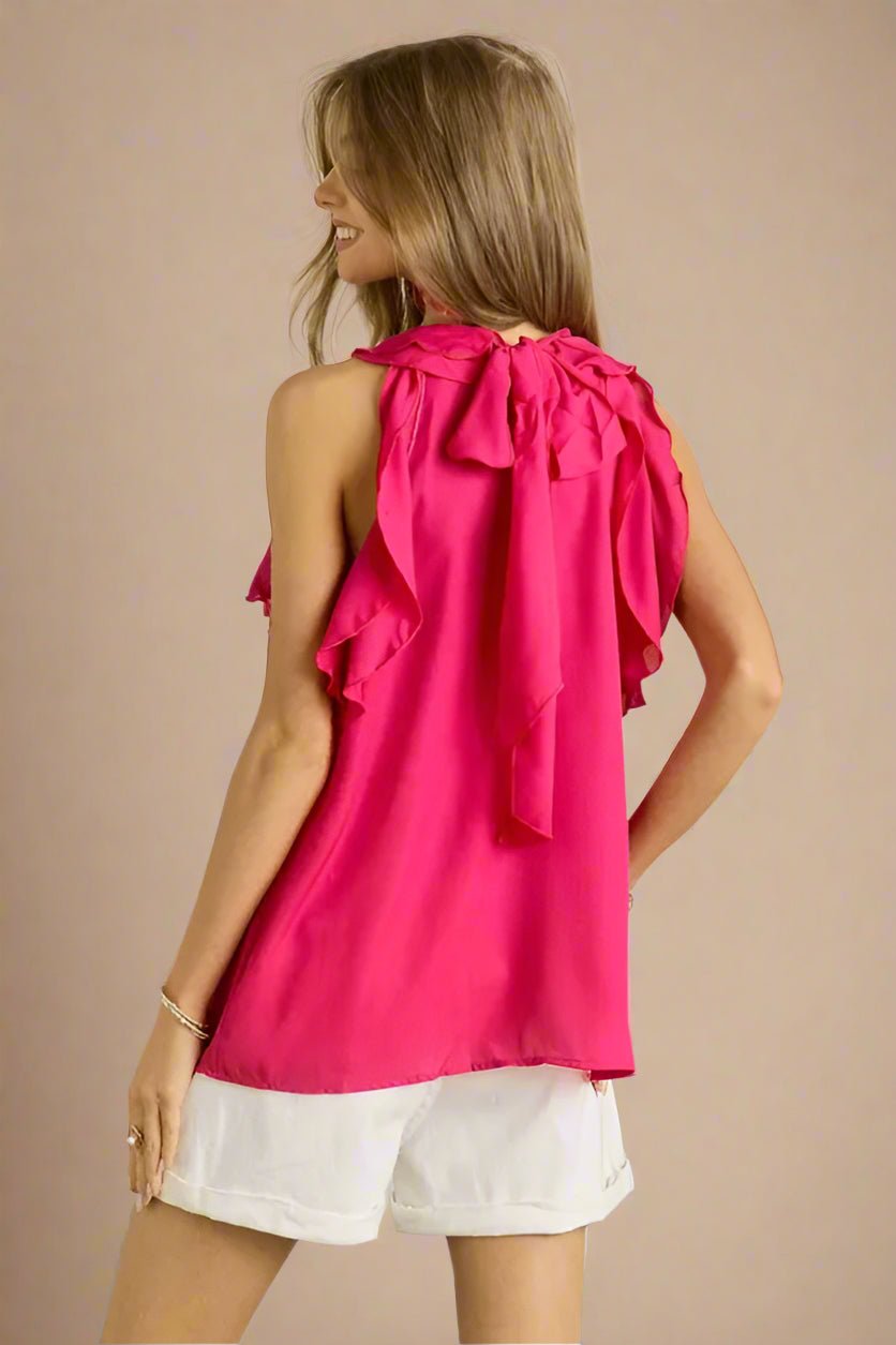 ADORA - Hot Pink Ruffle Sleeveless Top with Bow Tie Back