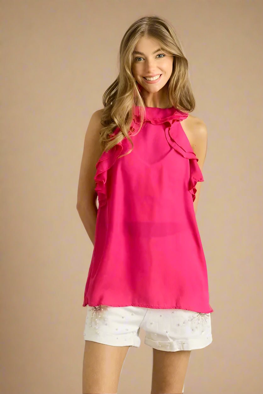 ADORA - Hot Pink Ruffle Sleeveless Top with Bow Tie Back