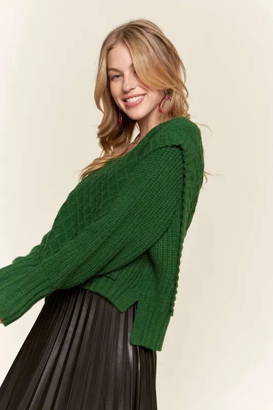 ADORA - Hunter Green Cable Knit V - Neck Sweater