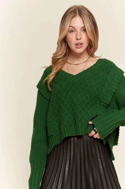 ADORA - Hunter Green Cable Knit V - Neck Sweater