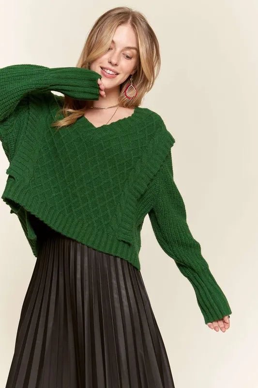 ADORA - Hunter Green Cable Knit V - Neck Sweater