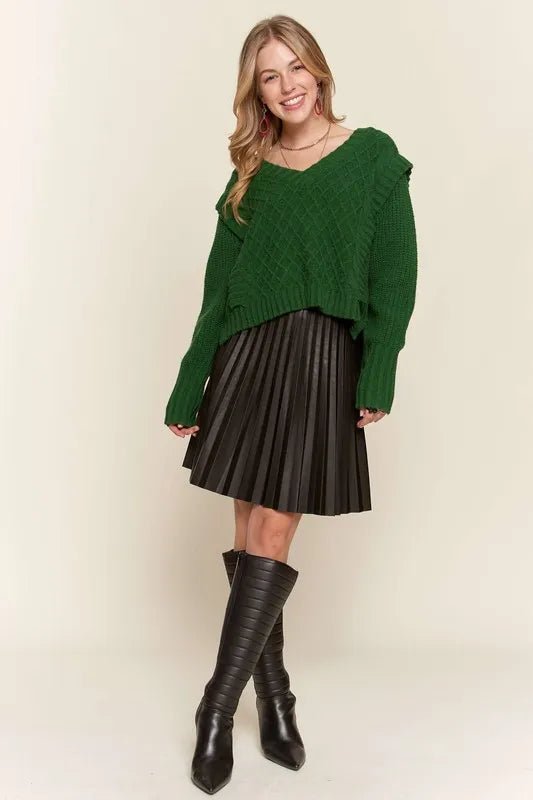 ADORA - Hunter Green Cable Knit V - Neck Sweater