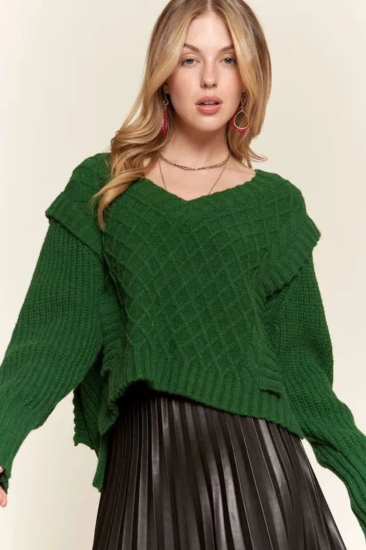ADORA - Hunter Green Cable Knit V - Neck Sweater