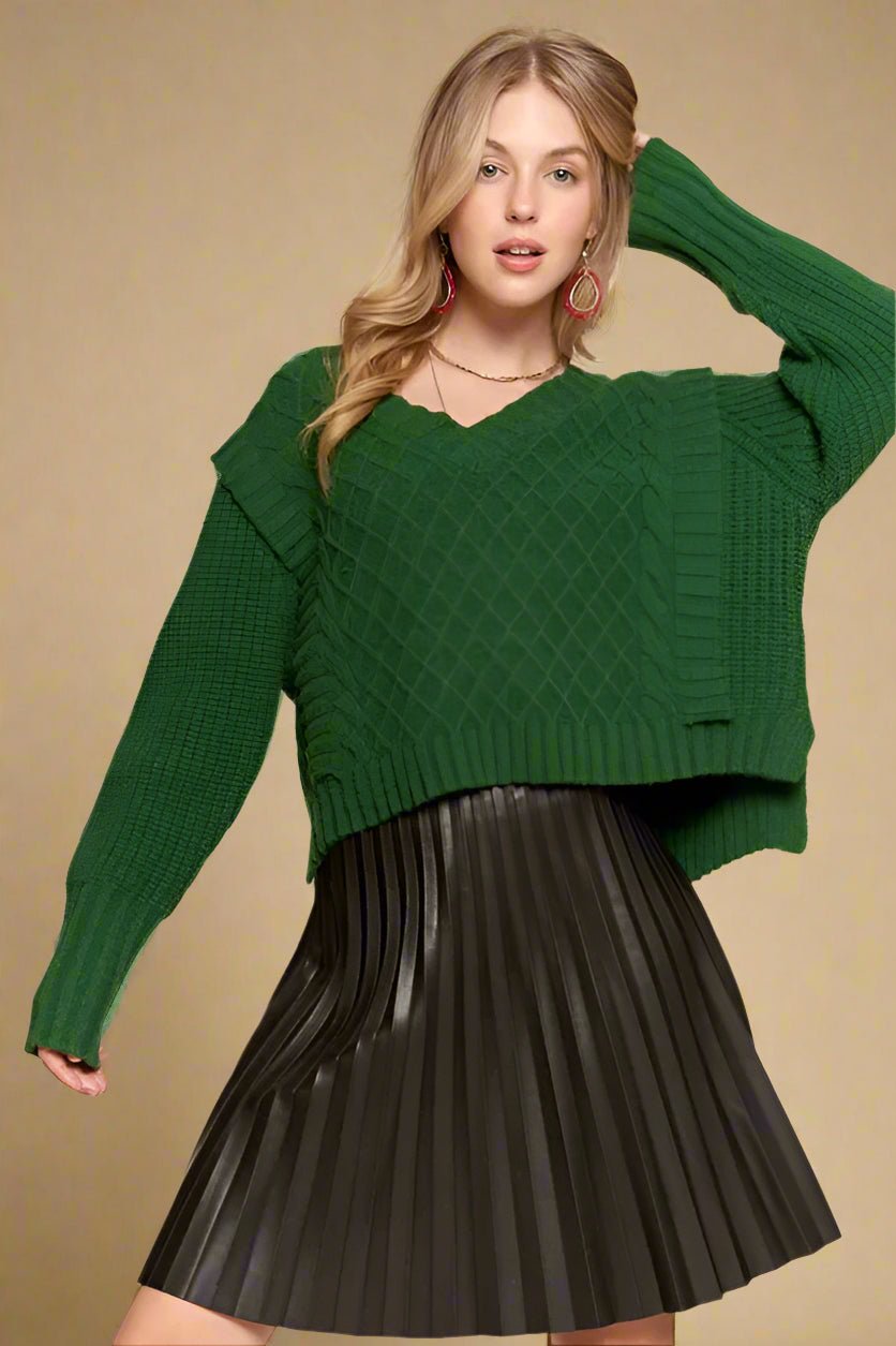 ADORA - Hunter Green Cable Knit V - Neck Sweater