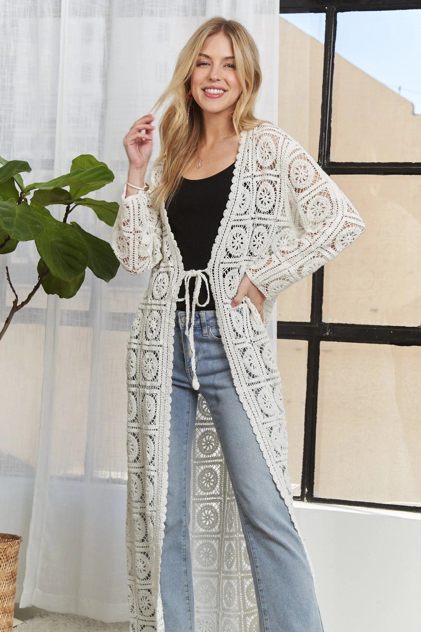 ADORA - Ivory Crochet Lace Tie - Front Duster Cardigan