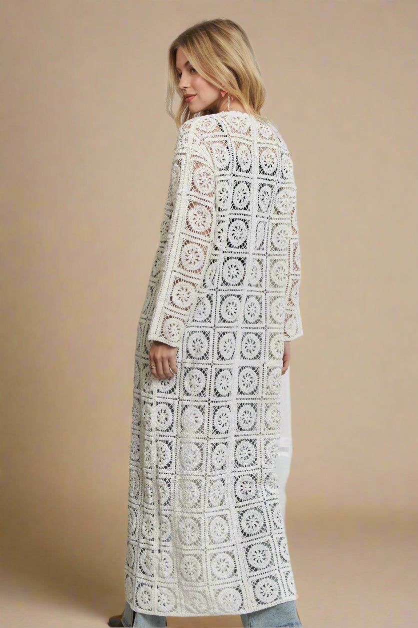 ADORA - Ivory Crochet Lace Tie - Front Duster Cardigan