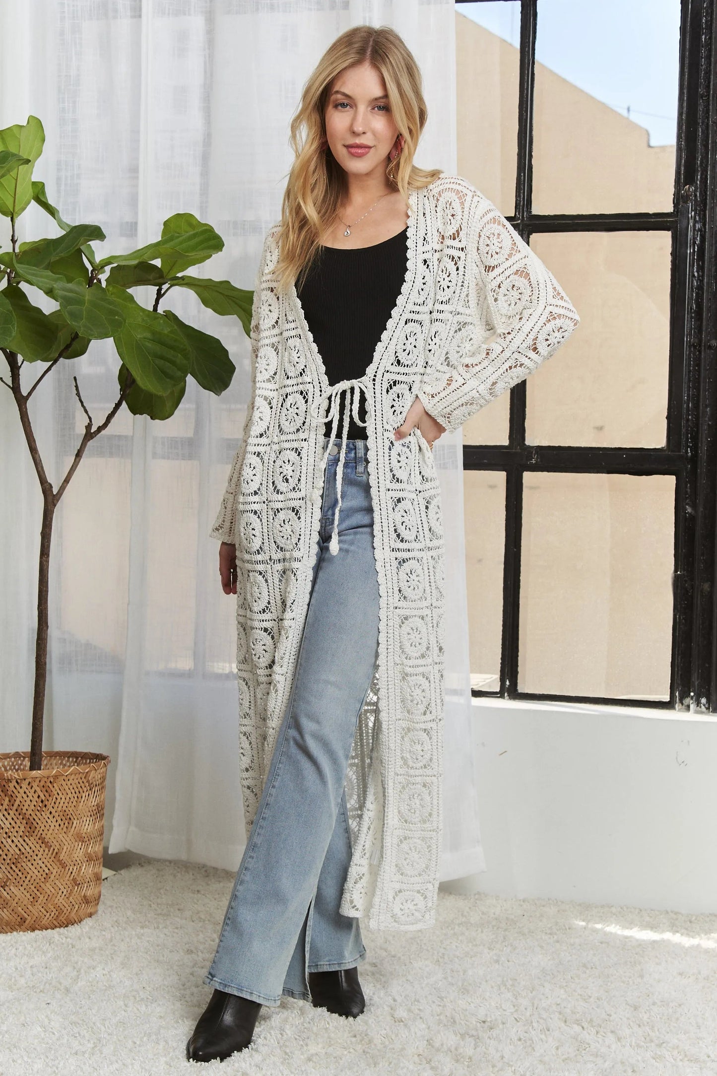 ADORA - Ivory Crochet Lace Tie - Front Duster Cardigan