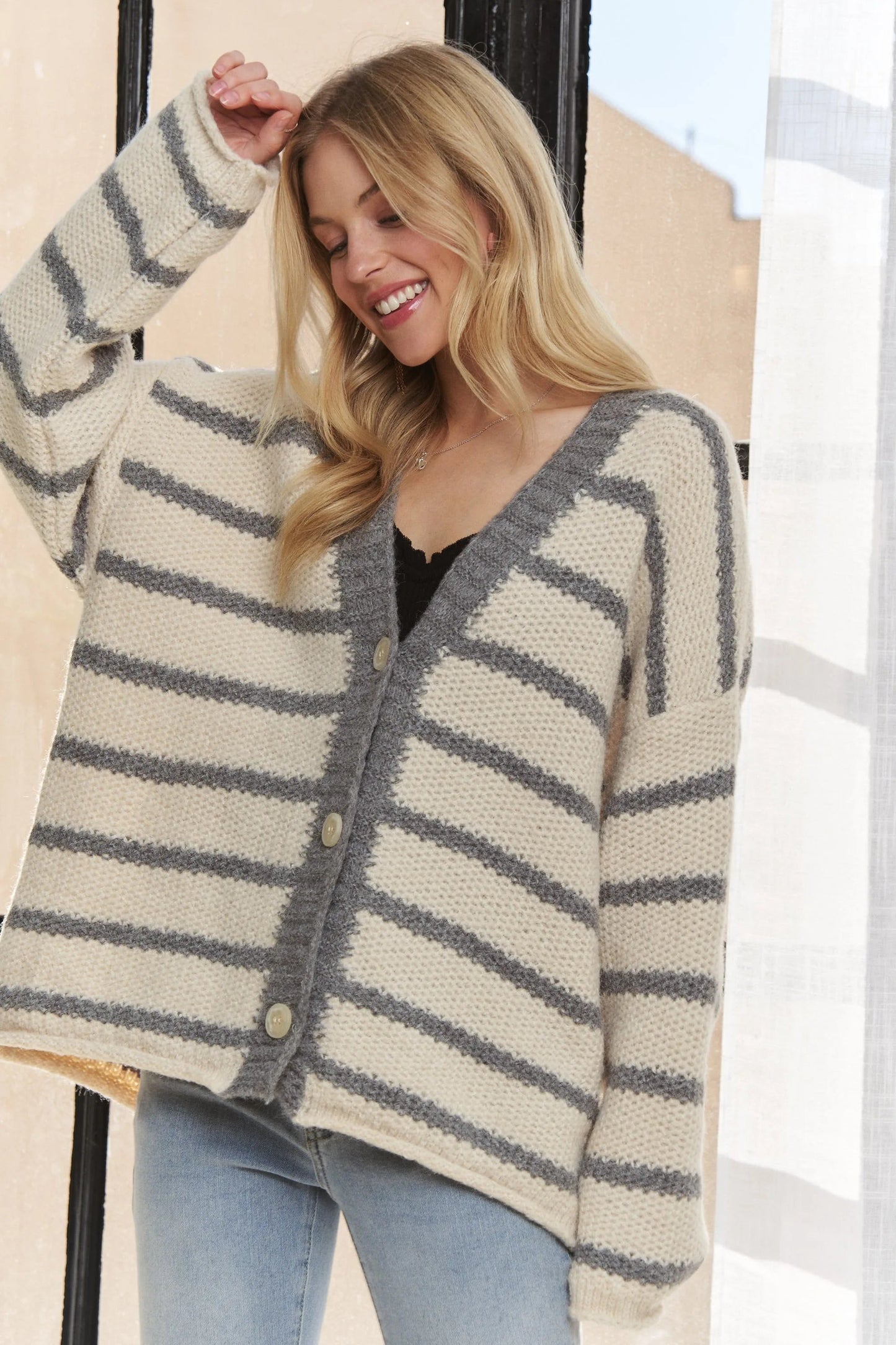ADORA - Ivory & Gray Button Front Striped Knit Cardigan