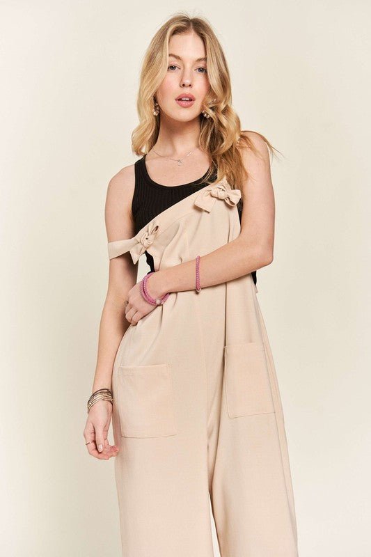 ADORA - Knotted Strap Wide Leg Overalls in Tan