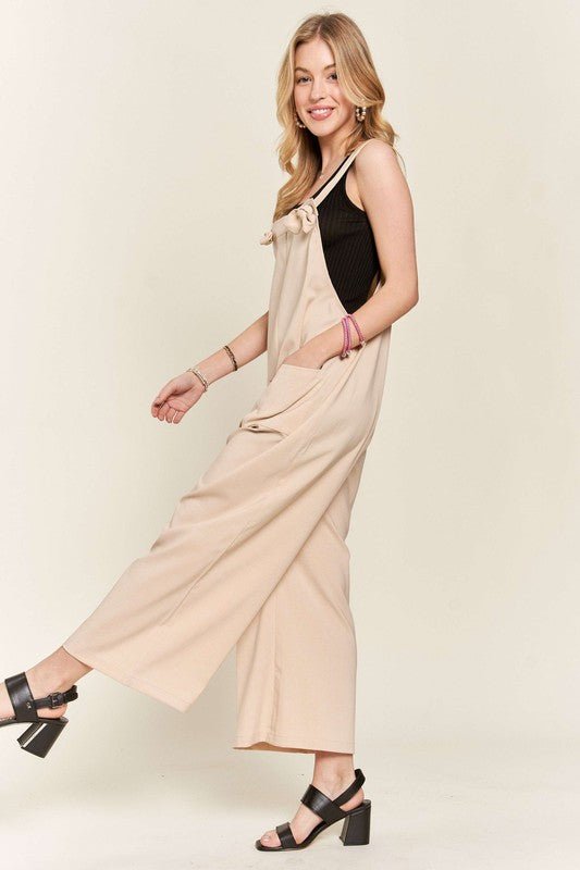 ADORA - Knotted Strap Wide Leg Overalls in Tan
