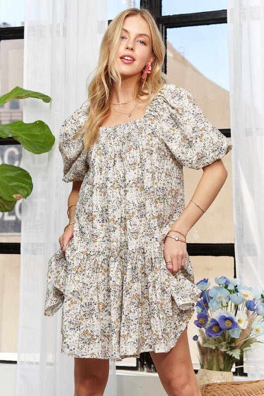 ADORA - Light Blue Floral Puff Sleeve Mini Dress