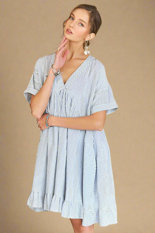 ADORA - Light Blue Striped Babydoll Mini Dress