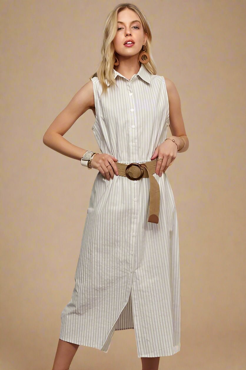 ADORA - Light Gray Striped Sleeveless Midi Shirt Dress