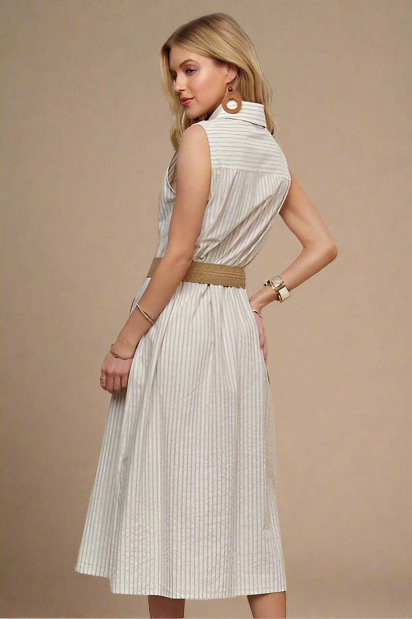 ADORA - Light Gray Striped Sleeveless Midi Shirt Dress