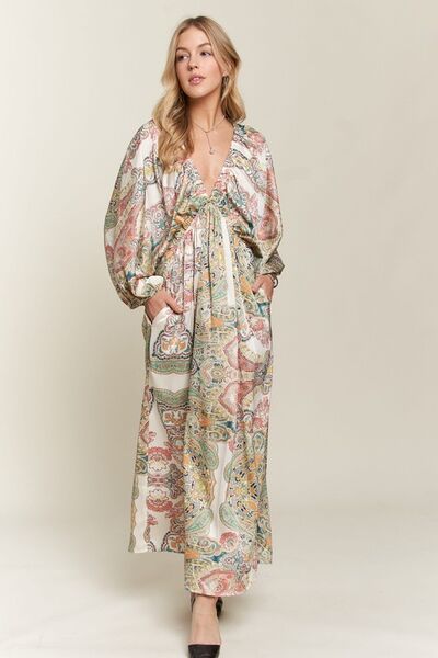 ADORA - Light Green Printed Batwing Sleeve Maxi Dress