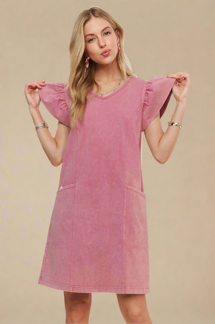 ADORA - Mineral Washed Ruffled Cap Sleeve Mini Dress in Mauve