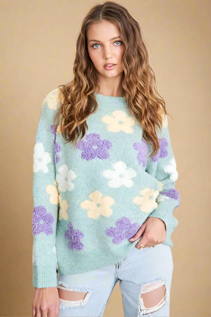 ADORA - Mint Floral Fuzzy Knit Sweater