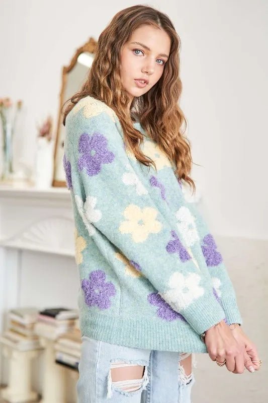 ADORA - Mint Floral Fuzzy Knit Sweater