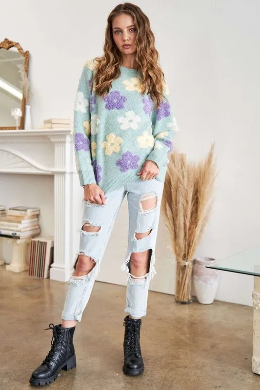 ADORA - Mint Floral Fuzzy Knit Sweater