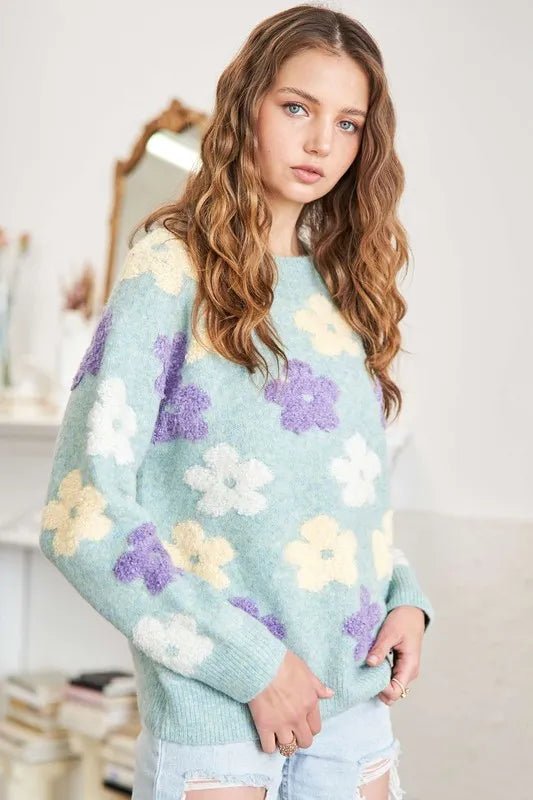 ADORA - Mint Floral Fuzzy Knit Sweater