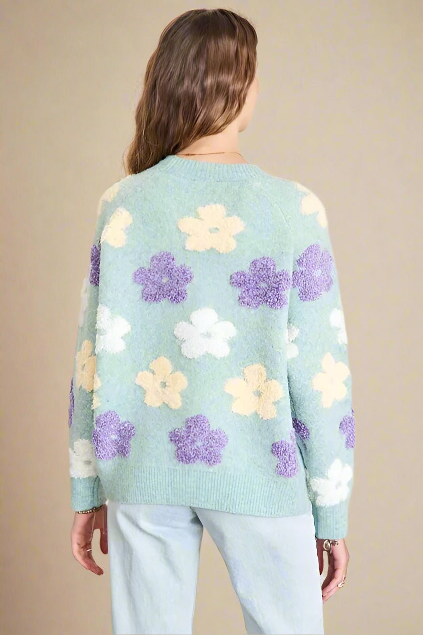 ADORA - Mint Floral Fuzzy Knit Sweater