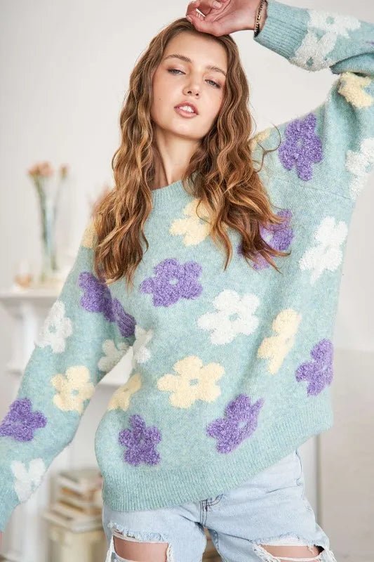 ADORA - Mint Floral Fuzzy Knit Sweater