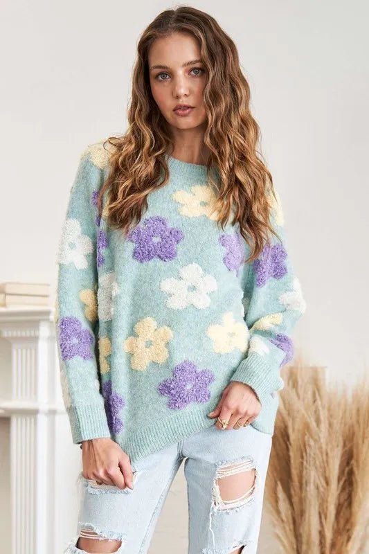 ADORA - Mint Floral Fuzzy Knit Sweater